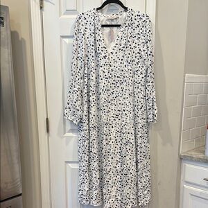 LOFT White Long Sleeve Midi Dress with Navy Dot Print